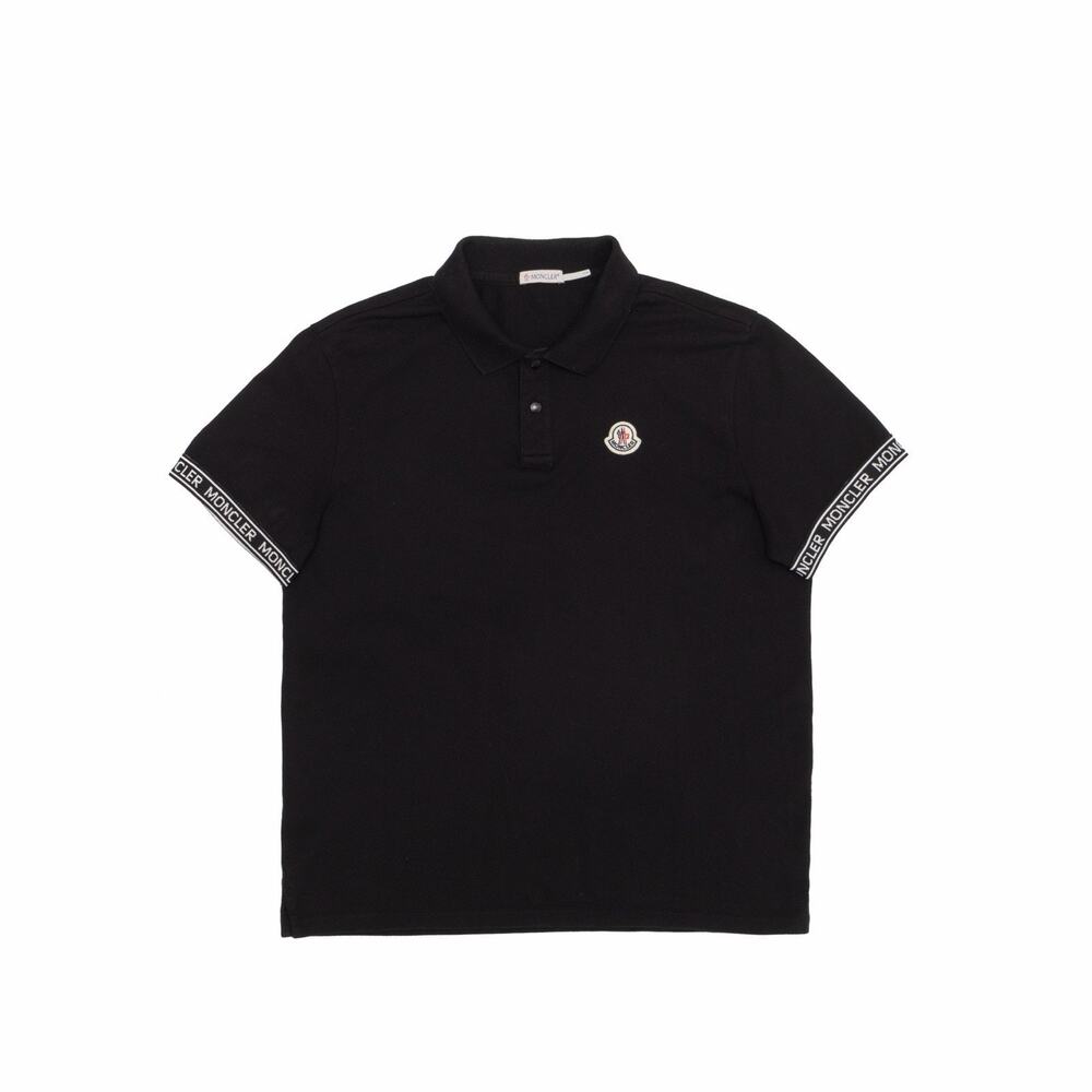 450$ MONCLER Black Cotton Maglia Polo Shirt Logo Tape Sleeve Trim Patch Size L